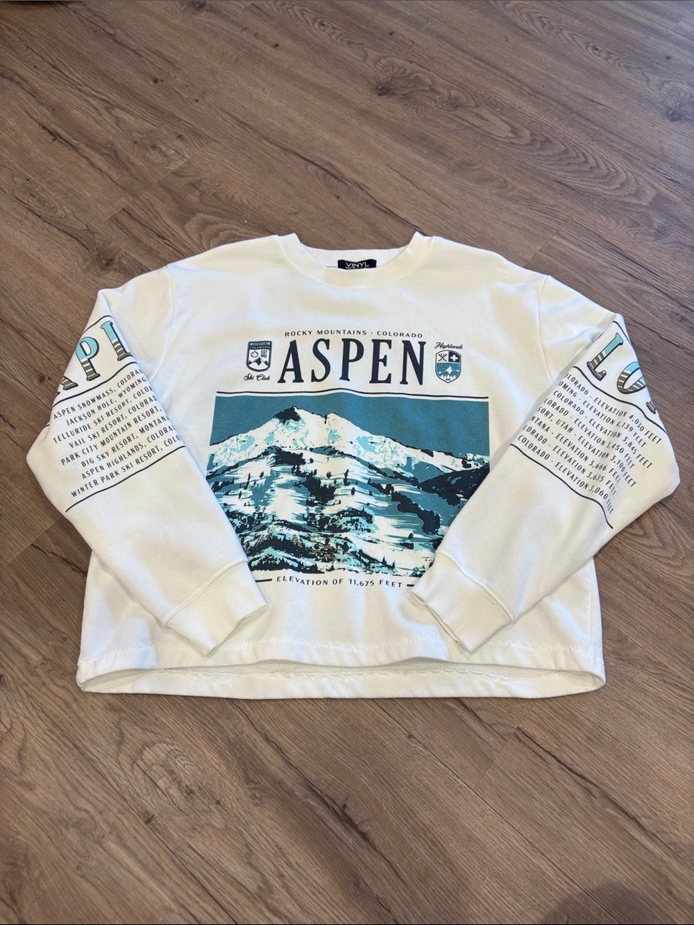 Aspen Graphic Crewneck Sweatshirt - White with Teal Print